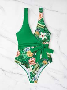 SHEIN Swim Phụ nữ một mảnh Thắt nút Trọn gói Nhiệt đới - màu xanh lá - Xem 4