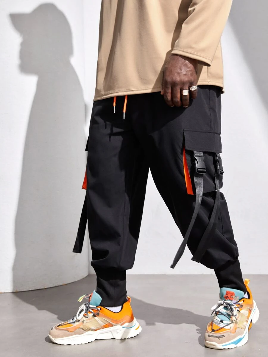 EASEVO Men Buckle Tape Flap Pocket Drawstring Waist Cargo Trousers - Black - View 1