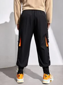 EASEVO Men Buckle Tape Flap Pocket Drawstring Waist Cargo Trousers - Black - View 2