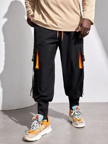 EASEVO Men Buckle Tape Flap Pocket Drawstring Waist Cargo Trousers - Black - View 3