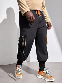 EASEVO Men Buckle Tape Flap Pocket Drawstring Waist Cargo Trousers - Black - View 4