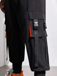 EASEVO Men Buckle Tape Flap Pocket Drawstring Waist Cargo Trousers - Black - View 7