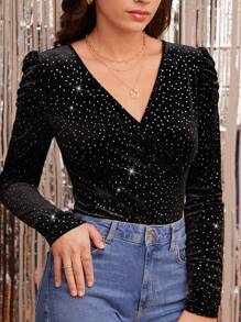 SHEIN Frenchy Rhinestone Surplice Neck Velvet Bodysuit - Black - View 3