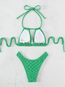 Plain Halter Bikini Set Summer Beach - Green - View 4