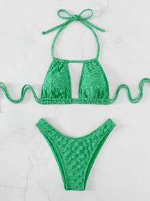 Plain Halter Bikini Set Summer Beach - Green - View 7