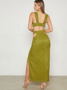 Hauture Set áo crop top & váy xẻ tà hai mảnh - Màu xanh Ô liu - Xem 2