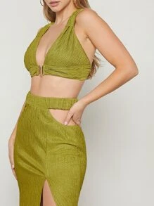 Hauture Set áo crop top & váy xẻ tà hai mảnh - Màu xanh Ô liu - Xem 3