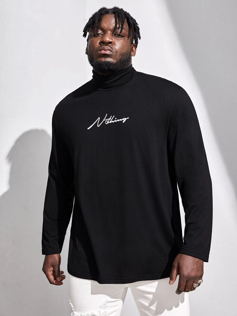 Manfinity Men Plus Letter Graphic Turtleneck Tee - Black - View 1