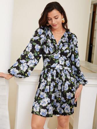 SHEIN Frenchy Floral Print Lantern Sleeve Dress