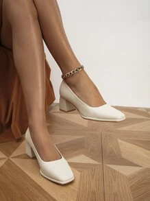 Zapatos de tacón de punta cuadrada con tacón grueso - Beis - Ver 5