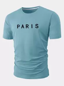 Manfinity Homme Hombres Camiseta con estampado de letra - Azul Cadete - Ver 1