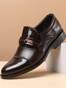 Men Letter Patch Detail Dress Loafers Pointed Toe Formal Shoes - Brown - View 1