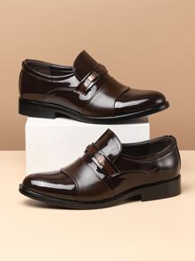 Men Letter Patch Detail Dress Loafers Pointed Toe Formal Shoes - Brown - View 3