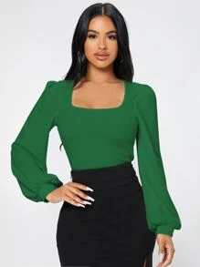 SHEIN PETITE Square Neck Lantern Sleeve Tee - Green - View 6