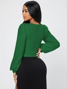 SHEIN PETITE Square Neck Lantern Sleeve Tee - Green - View 2