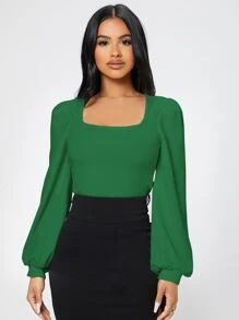SHEIN PETITE Square Neck Lantern Sleeve Tee - Green - View 1