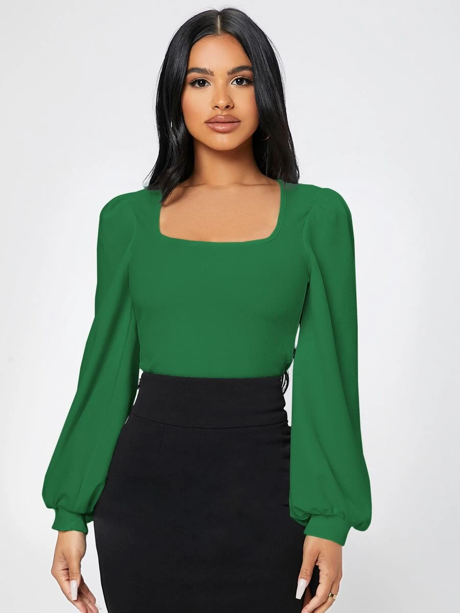 SHEIN PETITE Square Neck Lantern Sleeve Tee - Green - View 1