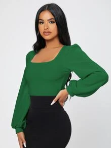 SHEIN PETITE Square Neck Lantern Sleeve Tee - Green - View 3