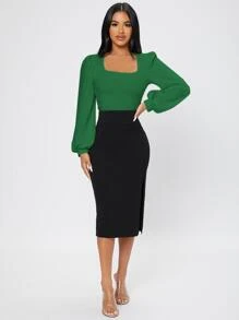 SHEIN PETITE Square Neck Lantern Sleeve Tee - Green - View 4