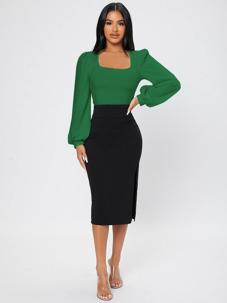 SHEIN PETITE 方領燈籠袖T恤 - 綠色 - 查看 4