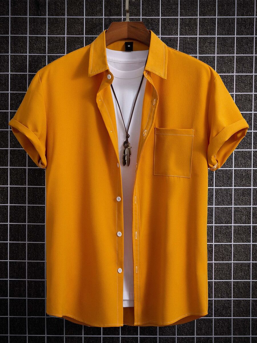 Manfinity Hypemode Men Patched Pocket High Low Shirt Without Tee - Mustard Yellow - View 1
