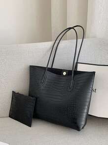 Set de 2 bolsos de mano de estilo cocodrilo, bolso de hombro de gran capacidad de piel sintética de moda para mujer con monedero pequeño. Bolso de hombro estampado de cocodrilo con bolsa interior, regalo del Día de la Madre para mamá - Negro - Ver 1