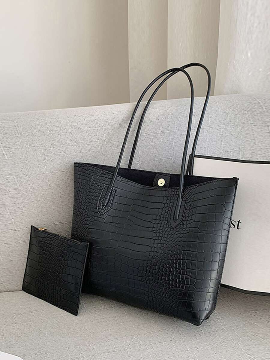 Set de 2 bolsos de mano de estilo cocodrilo, bolso de hombro de gran capacidad de piel sintética de moda para mujer con monedero pequeño. Bolso de hombro estampado de cocodrilo con bolsa interior, regalo del Día de la Madre para mamá - Negro - Ver 1