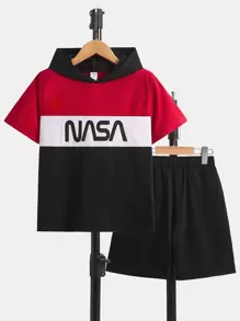 SHEIN Boys Letter Graphic Colourblock Hooded Tee & Shorts - Multicolor - View 1