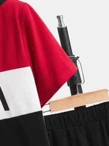 SHEIN Boys Letter Graphic Colourblock Hooded Tee & Shorts - Multicolor - View 3