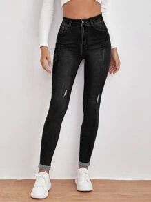SHEIN Frenchy High Waist Ripped Detail Skinny Jeans - Black - View 1