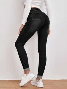 SHEIN Frenchy High Waist Ripped Detail Skinny Jeans - Black - View 2
