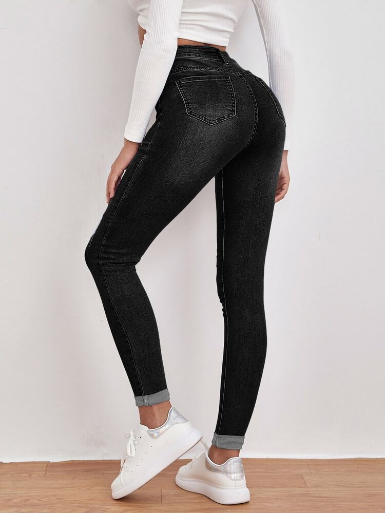 SHEIN Frenchy High Waist Ripped Detail Skinny Jeans - Black - View 2