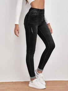 SHEIN Frenchy High Waist Ripped Detail Skinny Jeans - Black - View 3