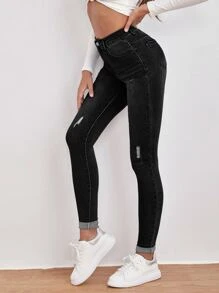 SHEIN Frenchy High Waist Ripped Detail Skinny Jeans - Black - View 5