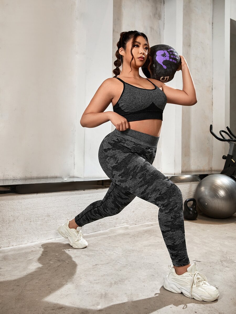 Plus Camo Print Wide Waistband Sports Set - Grey - View 1