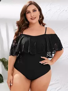 Swim Lushoire Summer Beach Plus Ruffle Trim Off The Shoulder One Piece Swimsuit - Black - View 1
