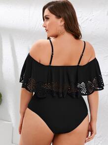 Swim Lushoire Summer Beach Plus Ruffle Trim Off The Shoulder One Piece Swimsuit - Black - View 2