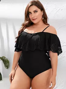 Swim Lushoire Summer Beach Plus Ruffle Trim Off The Shoulder One Piece Swimsuit - Black - View 3