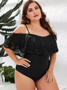 Swim Lushoire Summer Beach Plus Ruffle Trim Off The Shoulder One Piece Swimsuit - Black - View 4