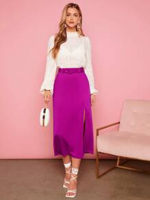 SHEIN BAE High Waist Split Thigh Belted Skirt - Red Violet - View 4