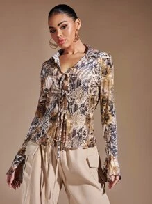 SHEIN BAE 花卉圖案和蛇紋前繫帶荷葉袖T恤 - 彩色 - 查看 3