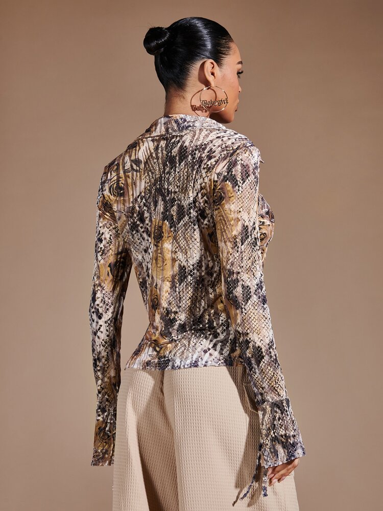 Floral & Snakeskin Print Tie Front Flounce Sleeve Tee