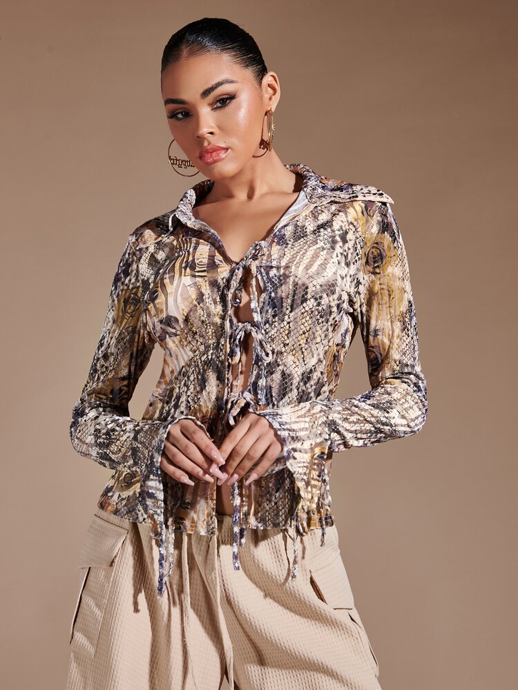Floral & Snakeskin Print Tie Front Flounce Sleeve Tee