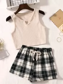 Plaid Print Notched Neckline Tie Waist PJ Set - Black - View 1