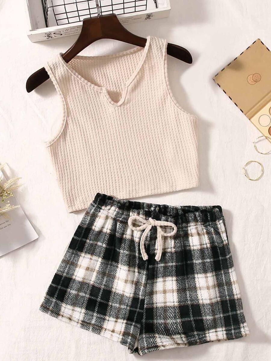 Plaid Print Notched Neckline Tie Waist PJ Set - Black - View 1