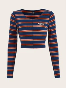 ROMWE PUNK Áo thun nữ Nút phía trước Lá thư Sọc Giải trí - Nhiều màu - Xem 1