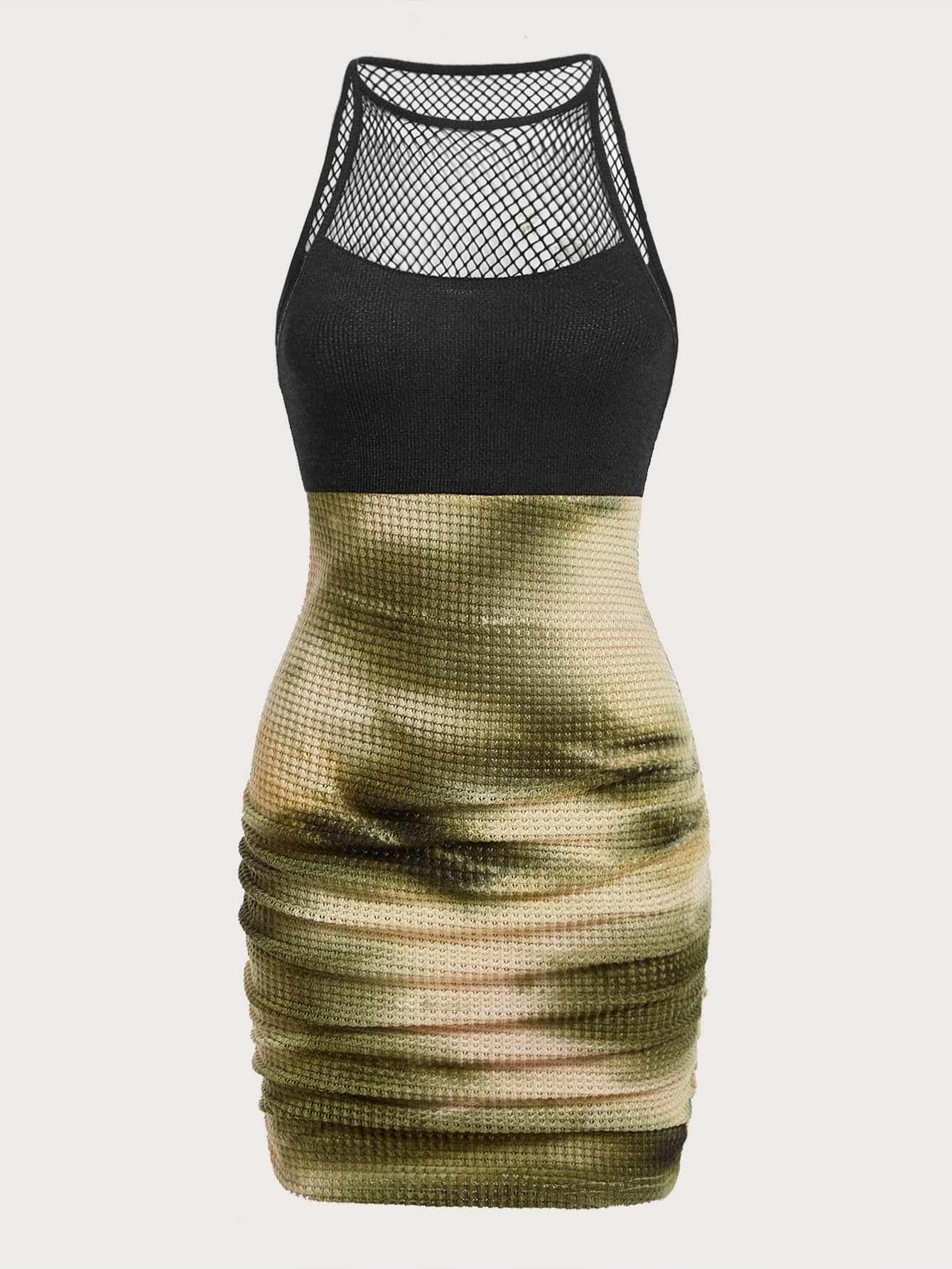 ROMWE PUNK Fishnet Insert Tie Dye Halter Neck Bodycon Dress Without Gloves - Multicolor - View 1