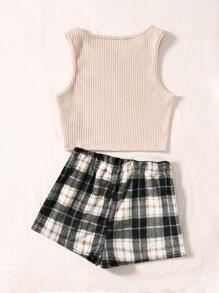 Plaid Print Notched Neckline Tie Waist PJ Set - Black - View 2