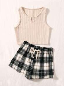 Plaid Print Notched Neckline Tie Waist PJ Set - Black - View 3