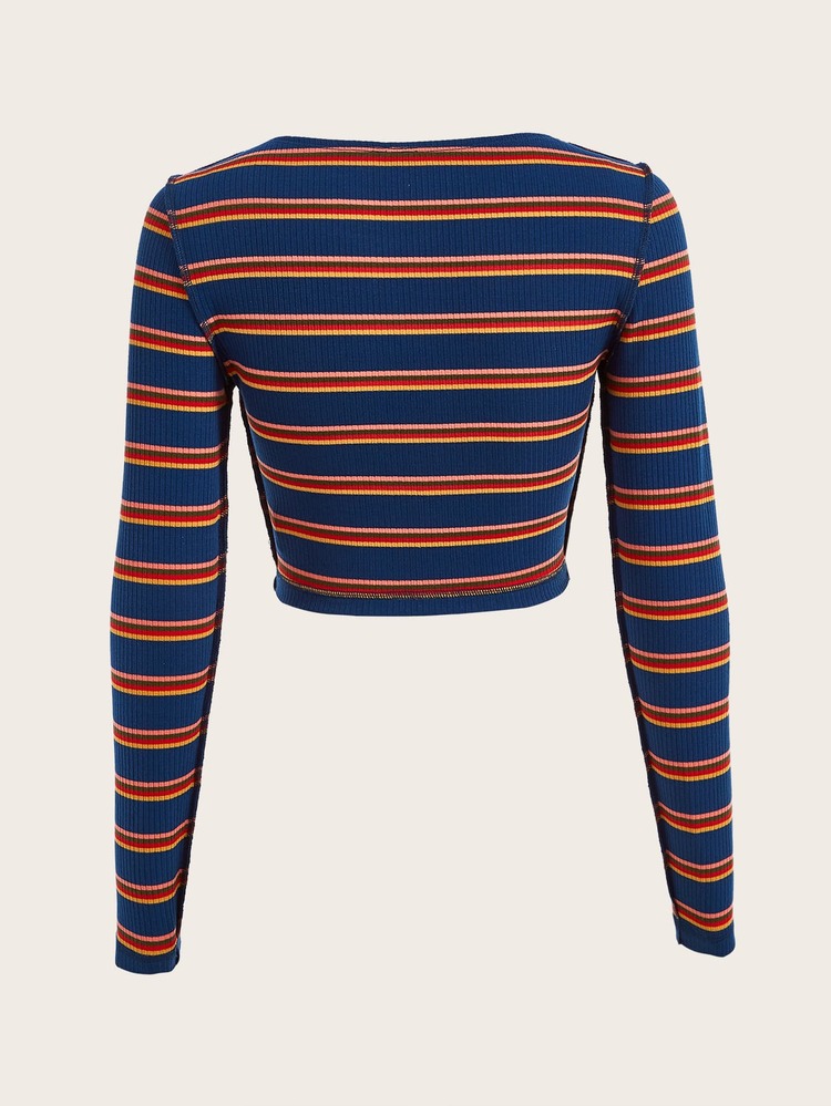 ROMWE PUNK 條紋印花字母貼布短款T恤 - 彩色 - 查看 2